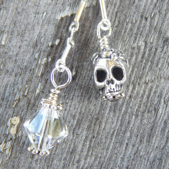 Sugar Skull Earrings with Swarovski Crystals (Clear) - Handmade in "USA" - Picture 3 of 3